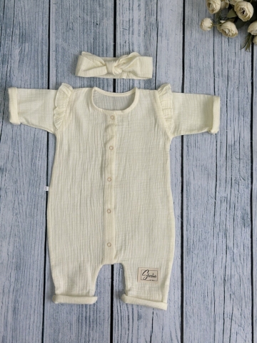 336-СЛ. Комбинезон с повязкой для девочки из муслина, хлопок 100%, размеры 56,62,68, сливочный